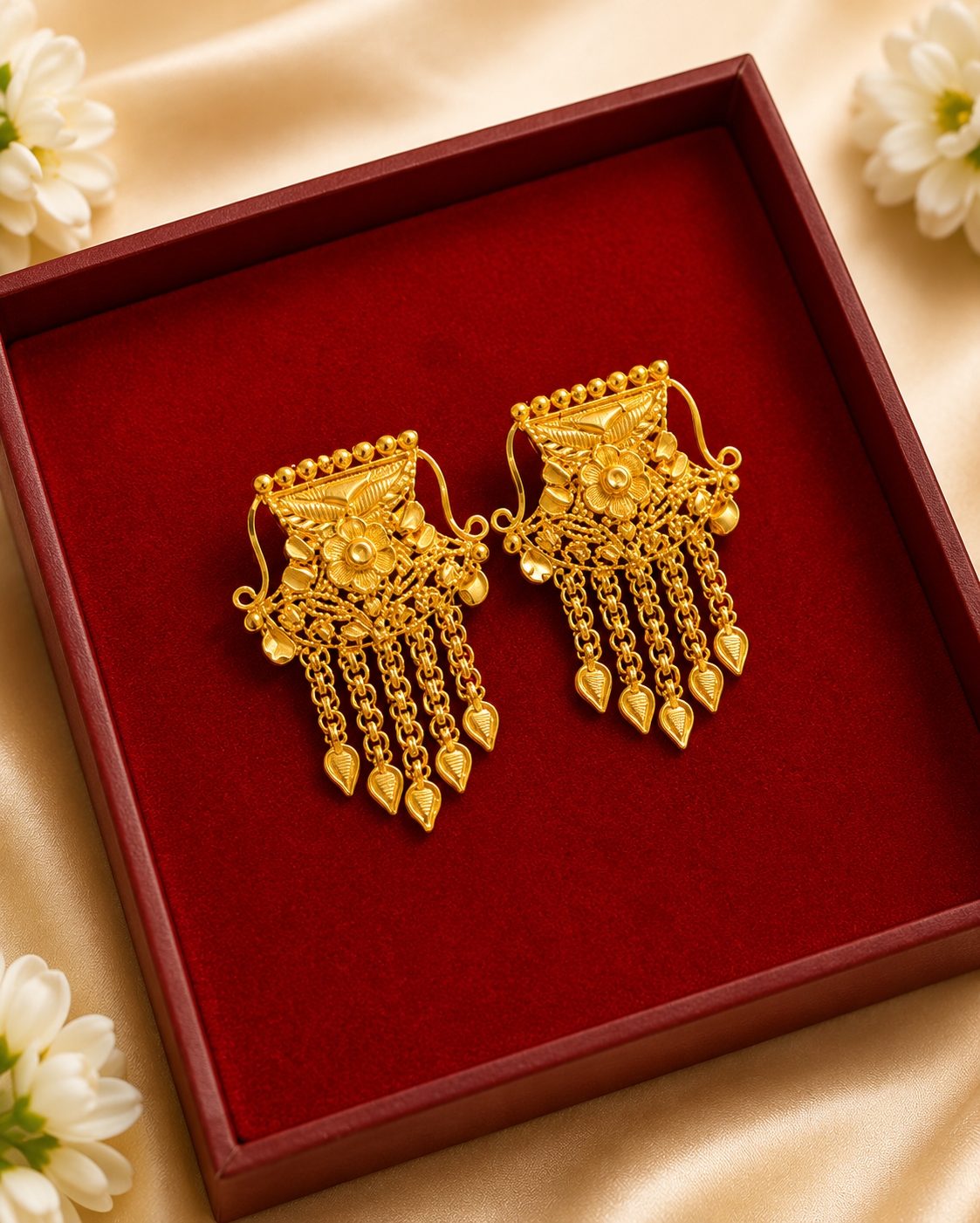 Gold chandelier earrings with floral Nepali design