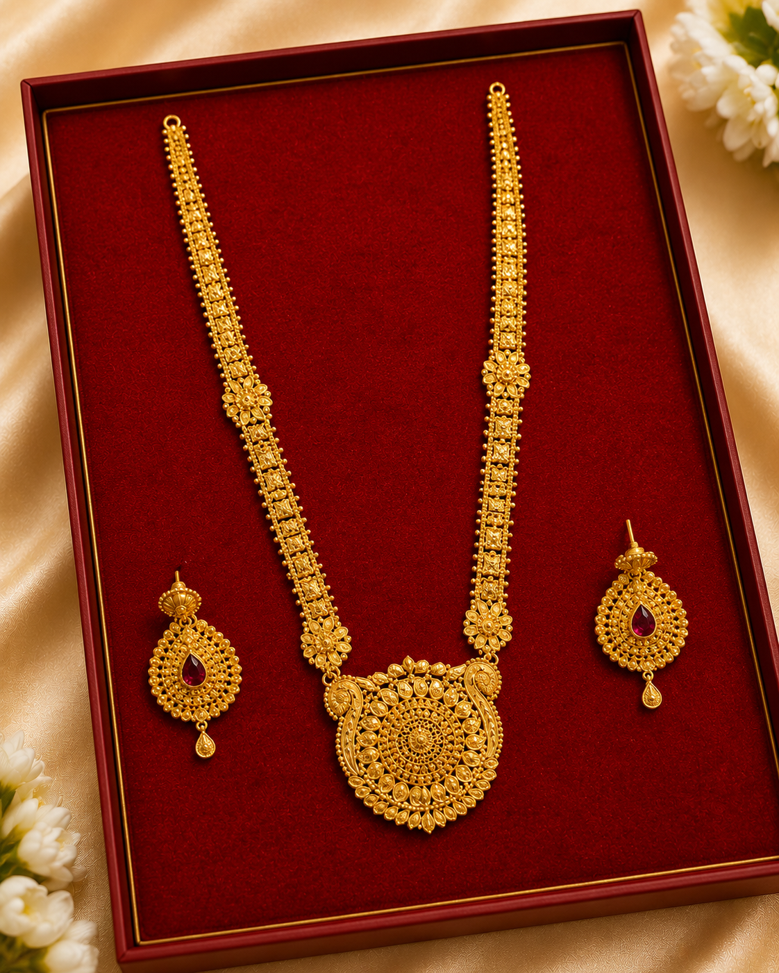 Long Nepali gold necklace set with matching earrings