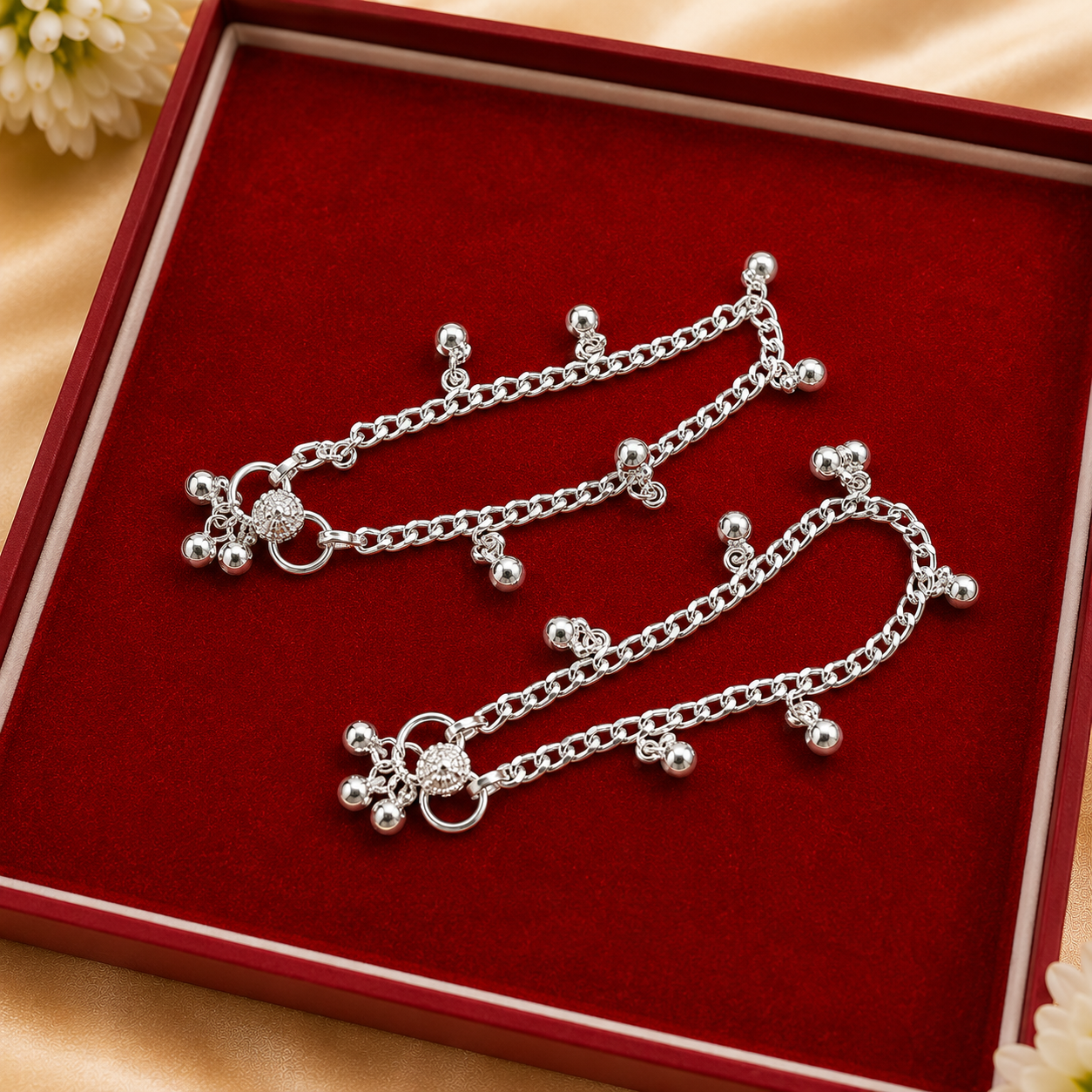 Silver anklet bracelets with bead detailing