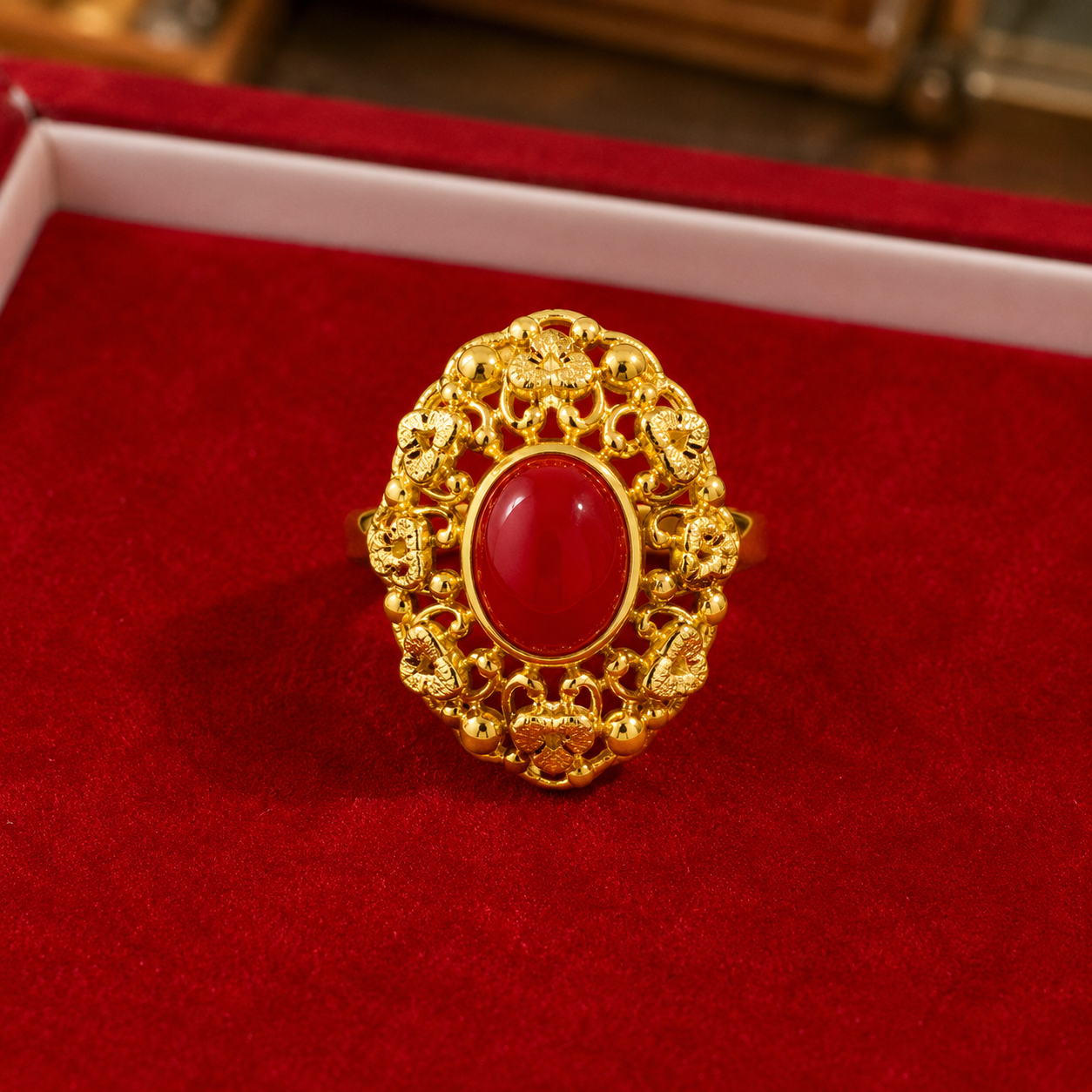 Ornate gold ring with red coral stone
