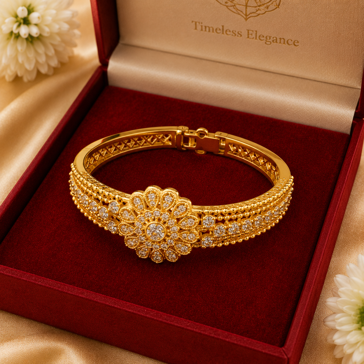 Gold bangle with floral diamond centrepiece
